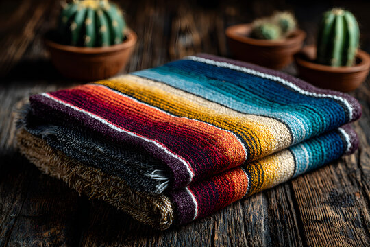 Cinco de mayo fiesta party and indigenous cultures of Mexico concept theme with a Mexican rug called a serape isolated on wood background with copy space