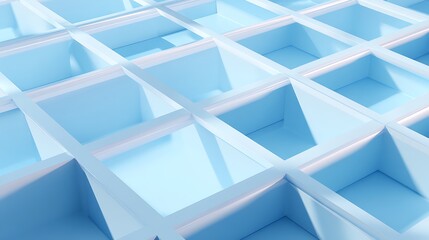 A close up view of a light blue grid structure with square compartments and soft lighting effects