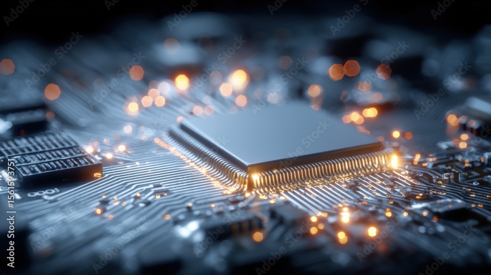 Poster close-up of a computer microchip with glowing electronic components on circuit board.
