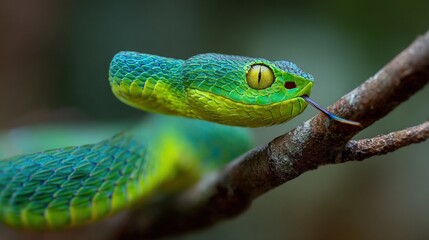 Fototapeta premium Close-up of a vibrant green and blue snake with yellow eyes resting on a branch.