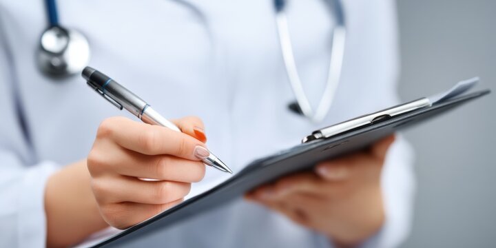 Medical professional's hand writing notes on clipboard with pen and stethoscope in background. - Powered by Adobe