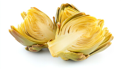 Delicious loating artichoke hearts isolated on white background