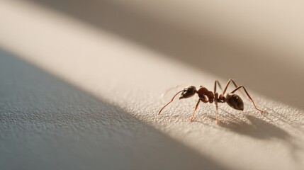 Close-up of an ant walking on a textured surface with dramatic lighting and shadow.
