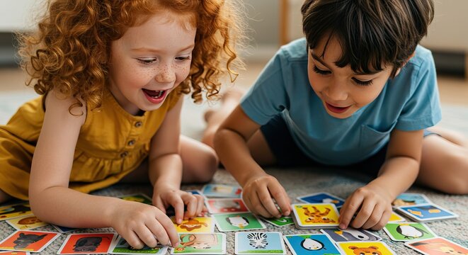 Joyful kids playing educational matching game on floor