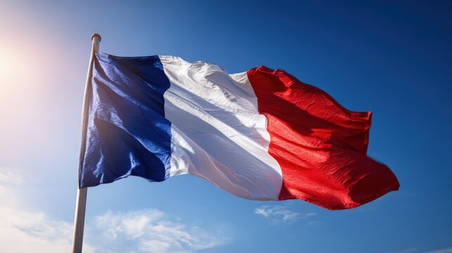 Vibrant French Flag Wave Flying in Blue Sky During Day with Sunlight Illumination.