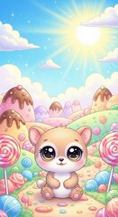 Obraz premium cute cartoon animal in wonderland world with lollipop