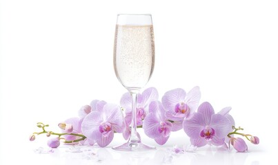 Centered against a clean white background is an elegant champagne glass, surrounded by a vibrant array of purple orchid flowers and petals
