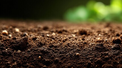 Close-up view of fertile rich dark soil with small clumps and organic texture.