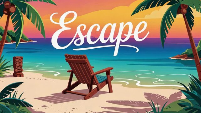 Wooden beach chair invitingly sits on sandy shore with tiki statue, overlooking tranquil ocean.