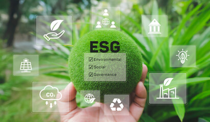 Hand hold world with save planet icon, ESG environment social governance investment, sustainable and ethical business concept, Network connection, Green Business Initiatives, Green earth day
