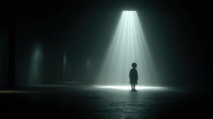 Child Standing Under Bright Spotlight in Dark Room Creating Dramatic Silhouette.