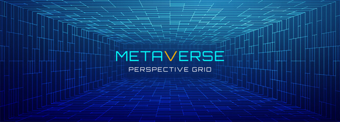 Obraz premium Grid background in 3D metaverse with VR space and digital line tech. Wireframe floor and tunnel create a virtual blueprint. Futuristic cube perspective in cyber architecture.