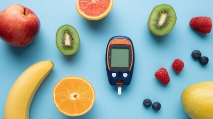 Blood Glucose Meter with Fresh Fruits Including Apple banana orange kiwi and berries on blue background.