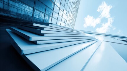 Modern glass building with reflective windows and geometric architectural design.