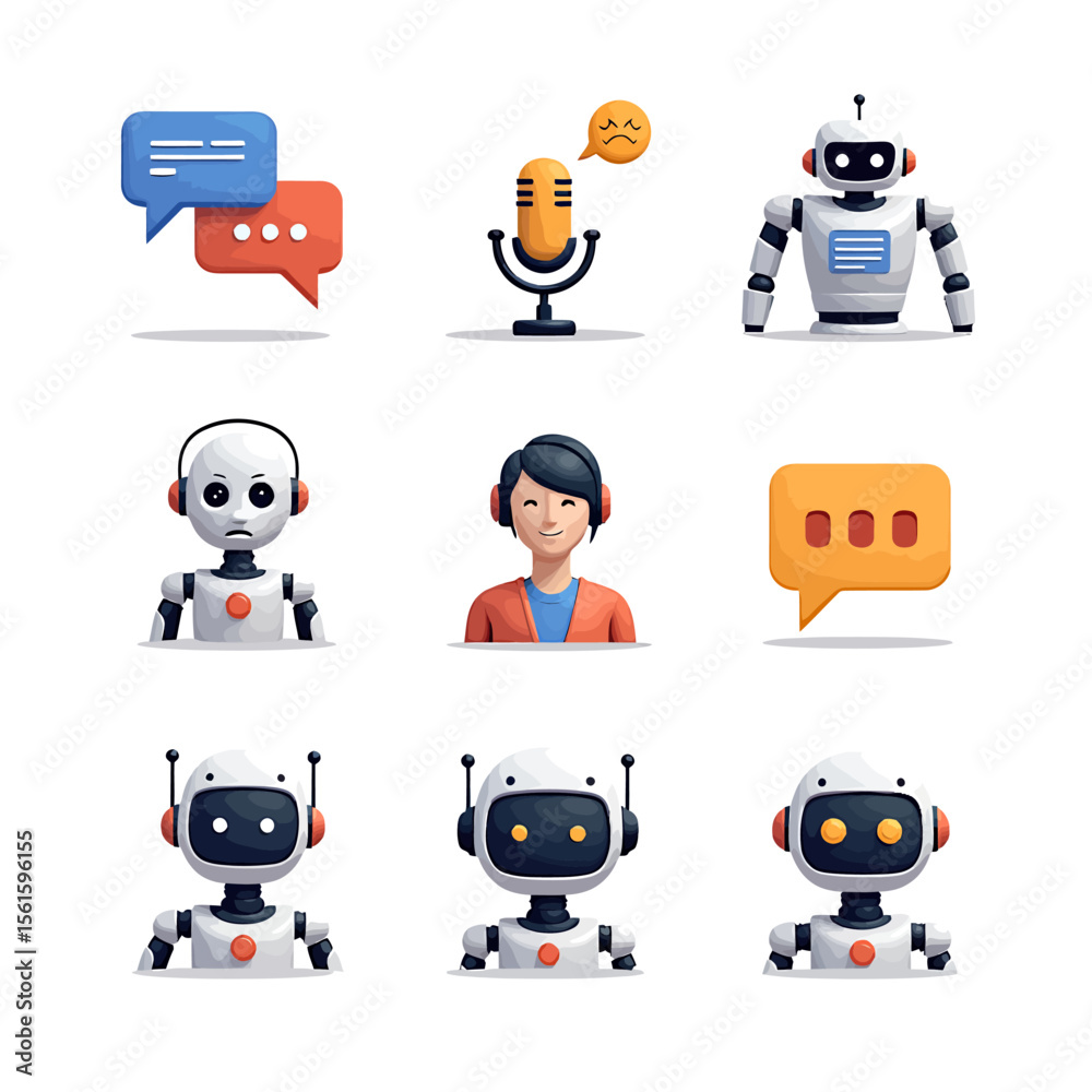 Fototapete collection of nine 3d rendered icons depicting robots, chatbots, and customer service agents, ideal 