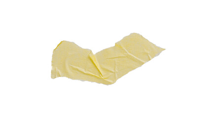 Yellow painter's tape isolated on white background, macro. Torn, crumpled, twisted strips of yellow...