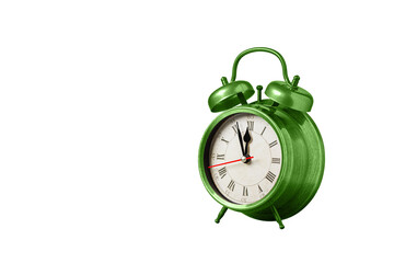 retro clock, watch, pointer clock, Green color alarm clock on isolated white background close up