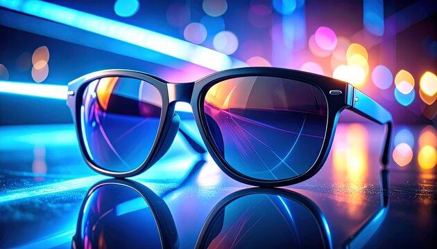 High-fashion concept photo of futuristic sunglasses on a neon-lit surface