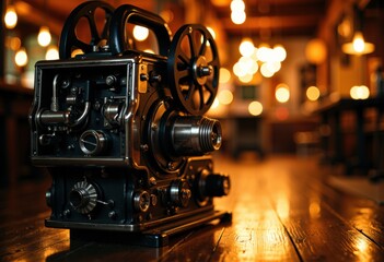 Fototapeta premium Vintage film projector placed on a wooden table in a cozy, warmly lit environment
