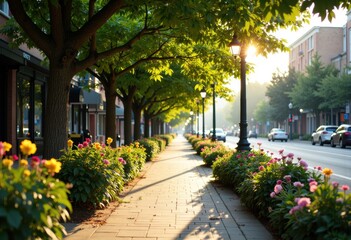 Obraz premium Sunny street scene with blooming flowers, trees, and vintage street lamps in the late afternoon