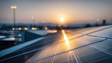 Obraz premium Solar panels installed outdoors during sunset with a reflective sky and city in background.