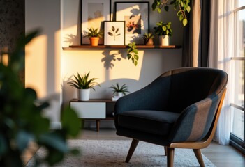Cozy modern living room corner with sunlight, plants, and stylish furniture