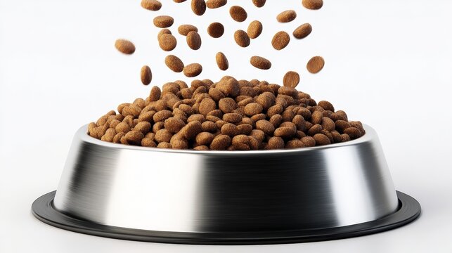 Close-up of dry pet food kibbles falling into a stainless steel bowl on a white background.