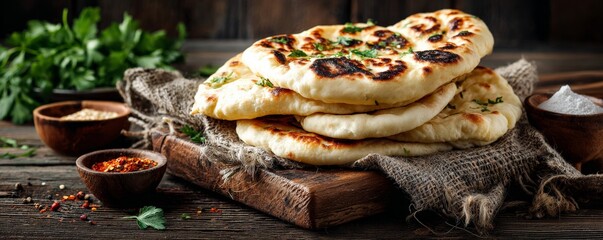 A stack of flatbreads (naan bread) garnished with herbs on a wooden board.