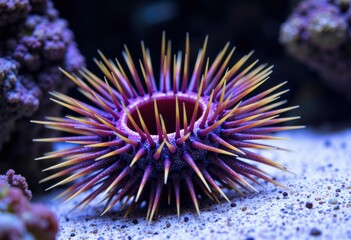 Fototapeta premium Close-up of a colorful sea urchin with vibrant spines on the ocean floor