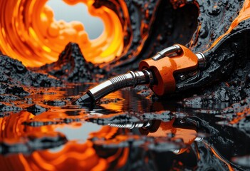 Naklejka premium A futuristic robotic arm extends over a molten volcanic landscape with fiery orange and black textures