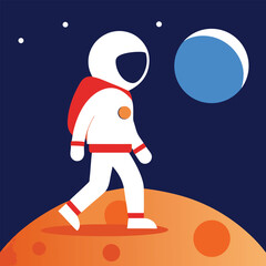 Naklejka premium Cartoon vector illustration of Santa Claus and an astronaut on the moon under a starry night sky, perfect for a winter holiday or Christmas space adventure