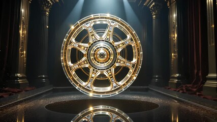 Large golden roulette wheel in spotlight on dark stage background, luxury casino concept