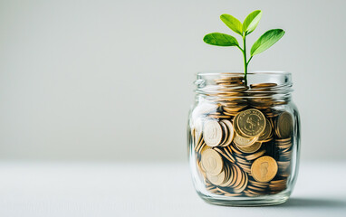 Glass jar filled with coins and a small plant growing out of the top center