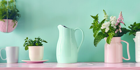 Pastel Pitcher, Pink Vase & White Cups on Soft Pastel Background

