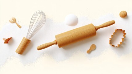 Wooden Baking Tools With Whisk Egg And Cookie Cutter On Surface