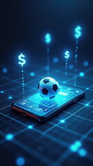 Online concept of virtual sports betting on soccer using smartphone, currency and ball