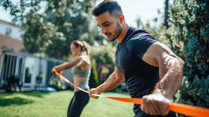 Fototapeta premium Couple Doing Resistance Band Workout in Backyard