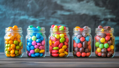 assorted colorful candy in glass jars
