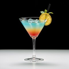 Colorful cocktail in a glass with ice and lemon slice on black background copy space
