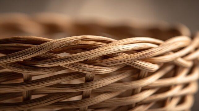 Close-up of tightly woven natural wicker basket with detailed texture and warm tones. - Powered by Adobe