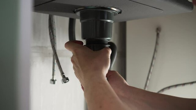 Professional plumber connecting metal pipes, installing drainage siphon underneath kitchen sink, carefully checking connections for water-tight seal and smooth functionality