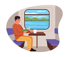 Vector illustration of a guy sitting in a train car. Cartoon scene of a guy traveling on a train, reading a book, table, cup of drink, landscapes outside the window isolated on white background.