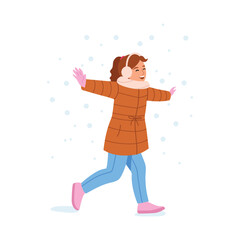 Vector illustration of a happy girl running under the falling snow. Cartoon scene of a little girl dressed in a warm winter down jacket, pants, mittens, fur headphones isolated on a white background.