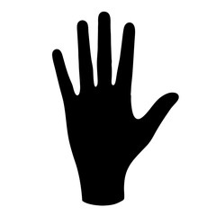 Black Silhouette of Raised Hand, A black silhouette of a raised hand, symbolizing communication, greeting, or raising awareness.
