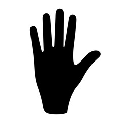 Black Silhouette of Raised Hand, A black silhouette of a raised hand, symbolizing communication, greeting, or raising awareness.
