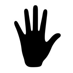 Black Silhouette of Raised Hand, A black silhouette of a raised hand, symbolizing communication, greeting, or raising awareness.
