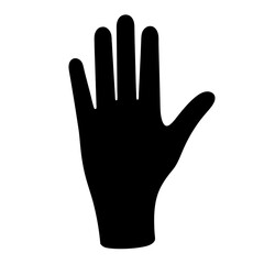 Black Silhouette of Raised Hand, A black silhouette of a raised hand, symbolizing communication, greeting, or raising awareness.
