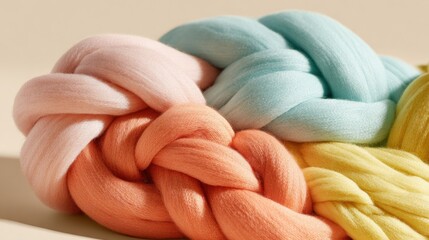 Vibrant pastel braided fabric strands with soft plush texture and intricate weaving.