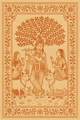 Traditional Indian Artwork Depicting Krishna Playing Flute Surrounded by Women and Cows