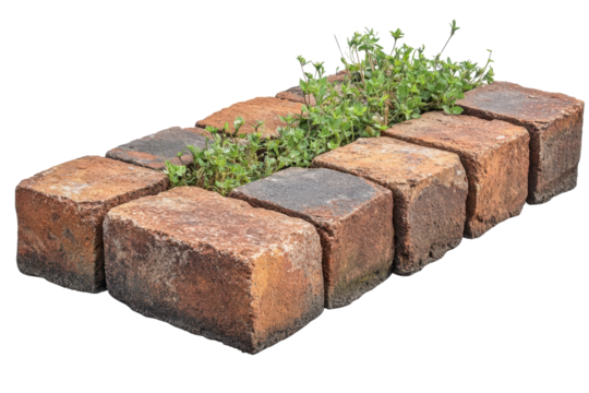 Brick row garden stones with green plants pavers gardening backyard rustic design outdoor nature